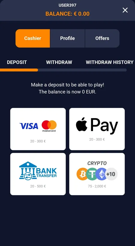 Bass Win cashier deposit tab with card and crypto options