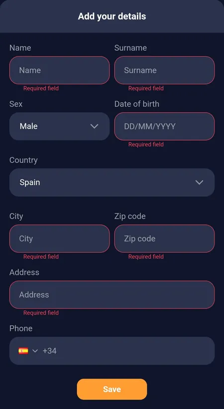 Bass Win profile form — name, birth date, address and phone