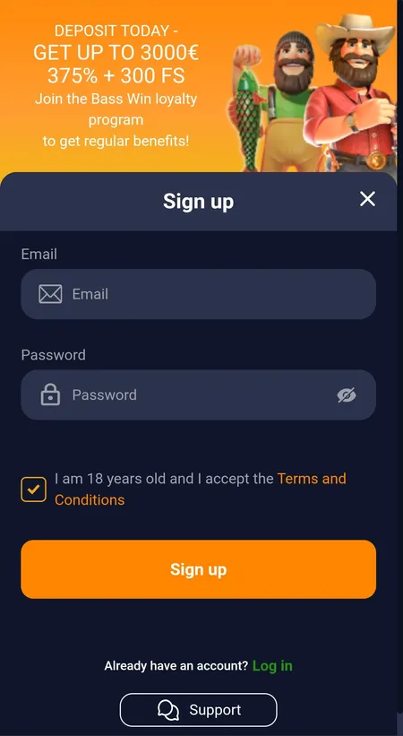 Bass Win sign up form — email, password and age confirmation