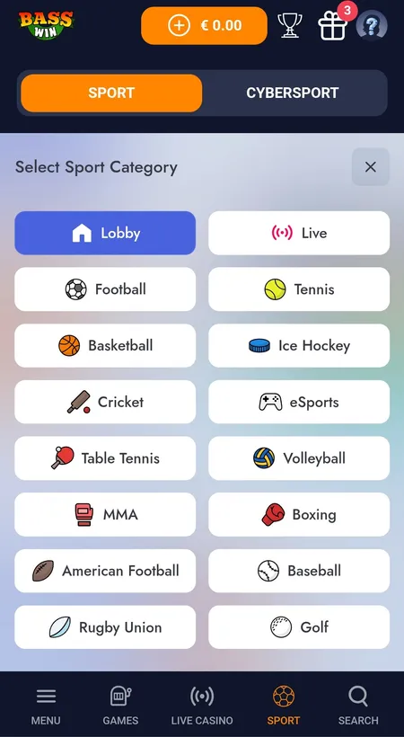 Sport category grid in Bass Win betting section