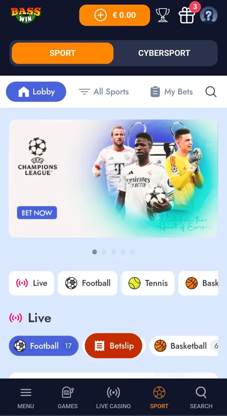 Bass Win sportsbook lobby with live football and basketball markets